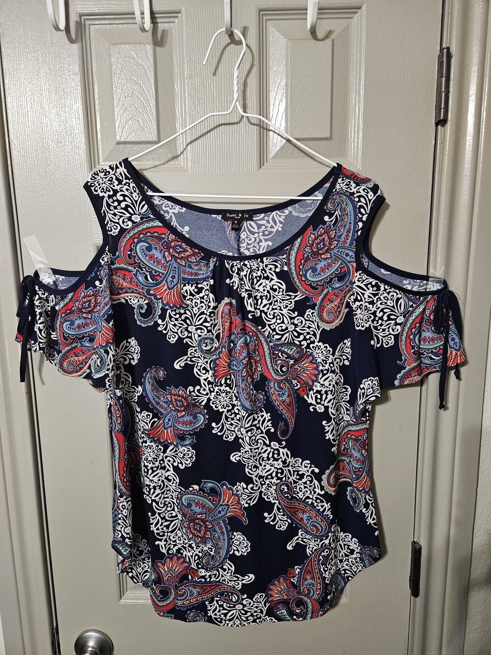 Sami & Jo Navy Cold-Shoulder Paisley Blouse with Red and White Accents